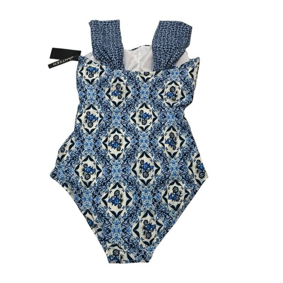 Jantzen Swimsuit Womens 8‎ Mixed Blue Floral One Piece Preppy Beach Vacation - Picture 2 of 5